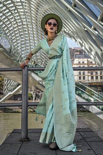 Katan silk blend aqua blue weaving saree