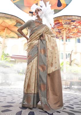 Katan silk blend weaving cream saree 1