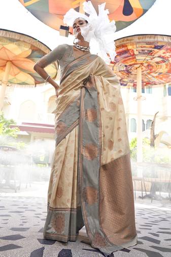Katan silk blend weaving cream saree