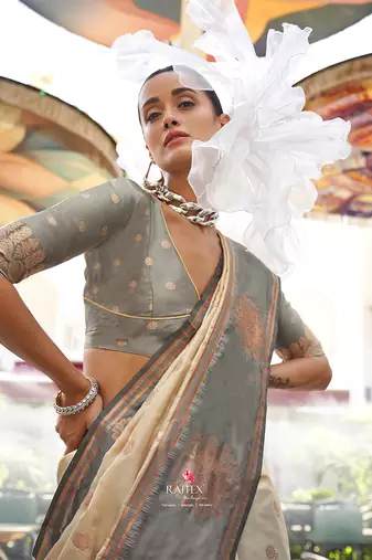 Katan silk blend weaving cream saree