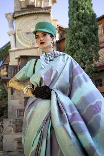 Weaving zari katan silk blend saree in aqua blue