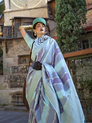 Weaving zari katan silk blend saree in aqua blue 3