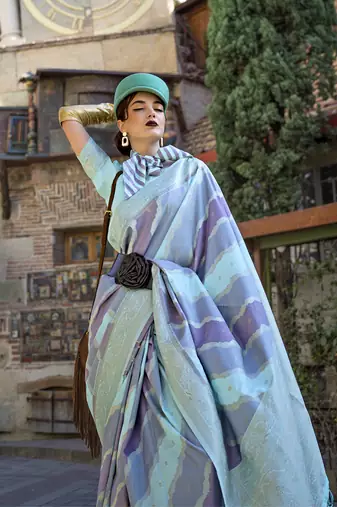 Weaving zari katan silk blend saree in aqua blue