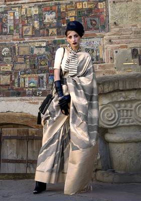 Weaving zari katan silk blend saree in beige 1