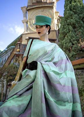 Weaving zari katan silk blend saree in sea green 3