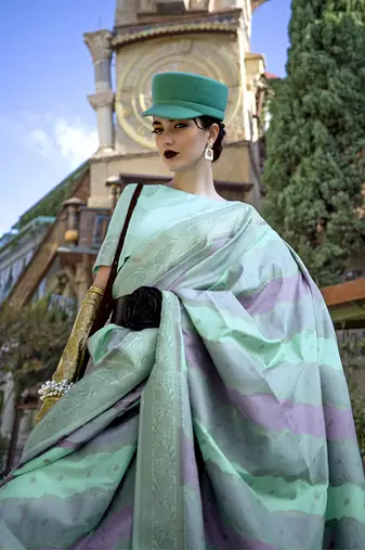 Weaving zari katan silk blend saree in sea green