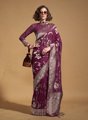 Weaving silk blend saree in wine 1