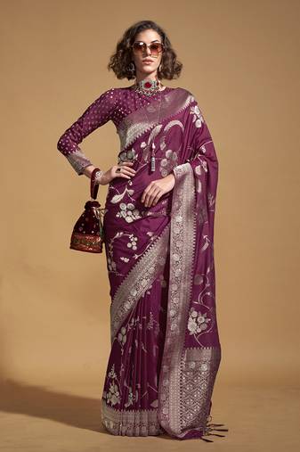Weaving silk blend saree in wine