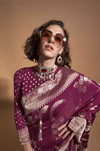 Weaving silk blend saree in wine