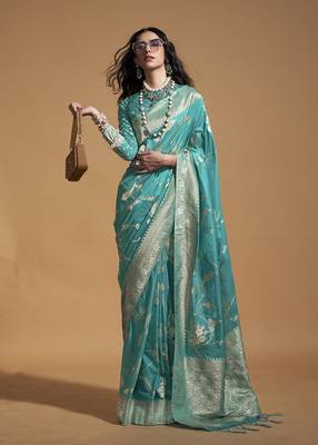 Weaving silk blend saree in aqua blue 1