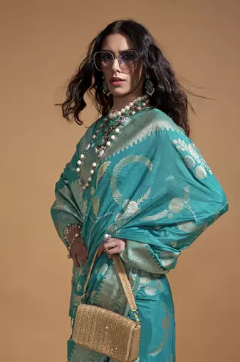 Weaving silk blend saree in aqua blue