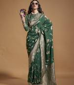 Weaving silk blend saree in dark green