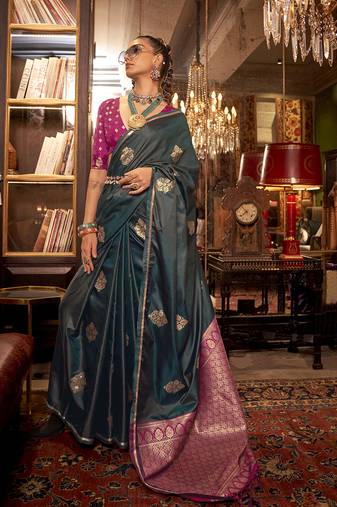 Dark green satin weaving saree
