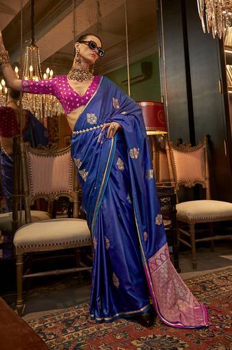 Royal blue satin weaving saree
