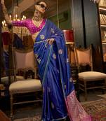 Royal blue satin weaving saree