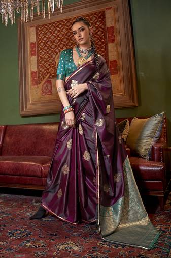 Wine satin weaving saree