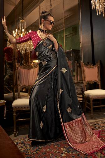 Black satin weaving saree