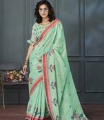 Sea green linen weaving  work  saree