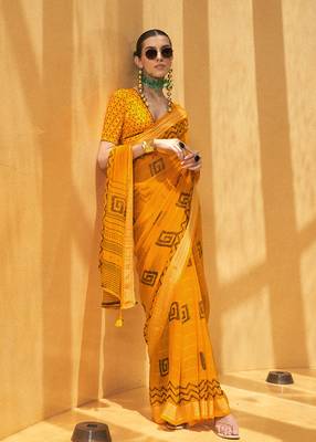 Yellow printed georgette saree 1