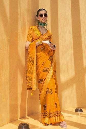 Yellow printed georgette saree