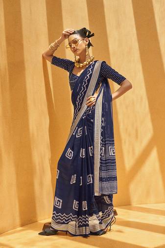 Navy blue printed georgette saree