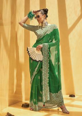 Green printed georgette saree 1