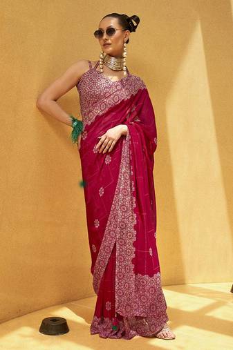 Hpt pink printed georgette saree