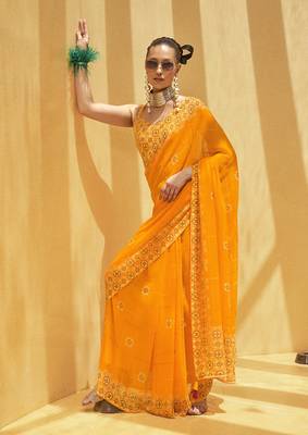 Yellow printed georgette saree 1