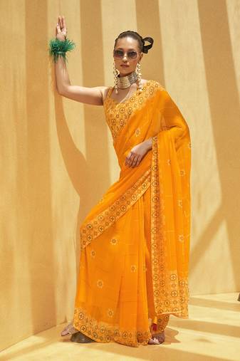 Yellow printed georgette saree