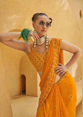 Yellow printed georgette saree 2