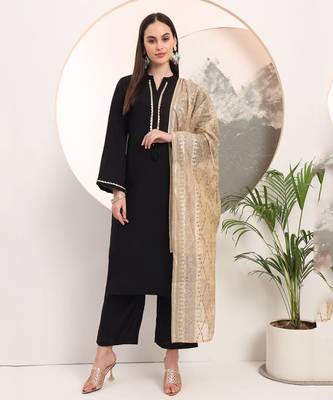 black solid lace work on yoke  kurta trouser and dupatta set 1