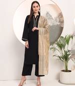 black solid lace work on yoke  kurta trouser and dupatta set