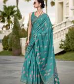 Silk blend printed turquoise  saree