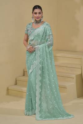 Turquoise organza silk blend sequins work saree 1