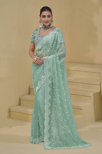 Turquoise organza silk blend sequins work saree