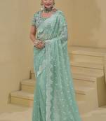Turquoise organza silk blend sequins work saree