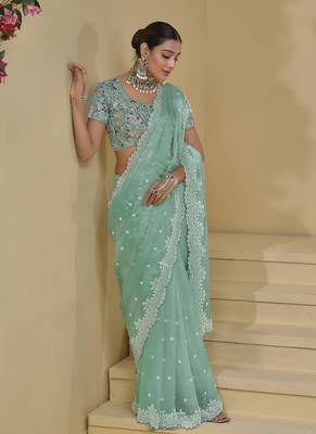 Turquoise organza silk blend sequins work saree 2