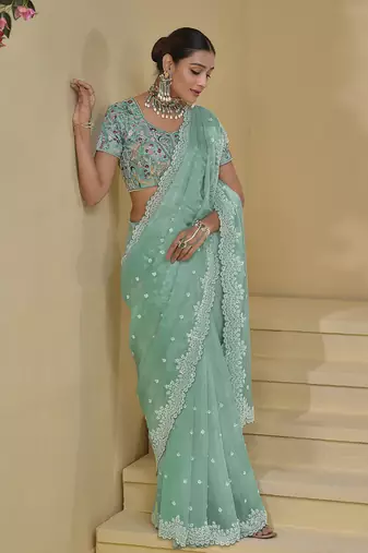 Turquoise organza silk blend sequins work saree