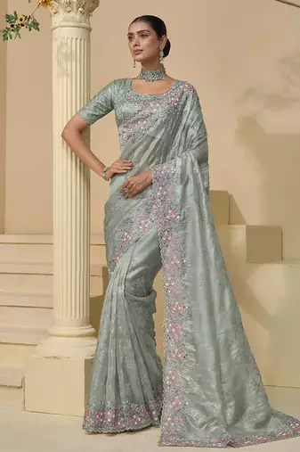 Light sea green tissue silk blend sequins work  saree for festival