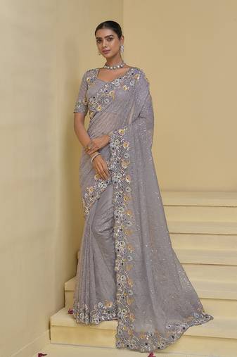 Grey organza silk blend sequins work saree