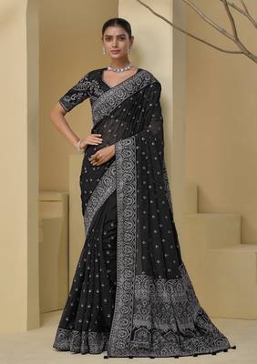 Black embroidered mirror work organza silk blend saree 1