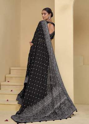 Black embroidered mirror work organza silk blend saree 2