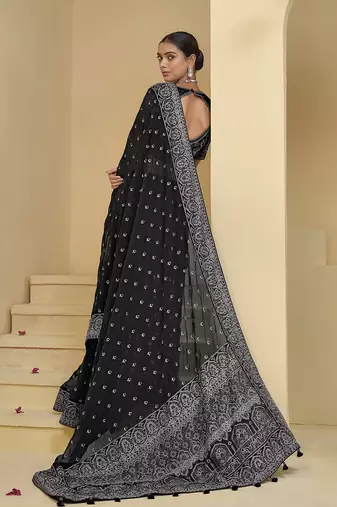 Black embroidered mirror work organza silk blend saree