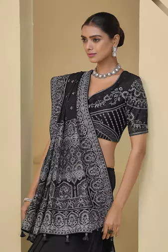 Black embroidered mirror work organza silk blend saree