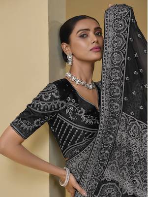 Black embroidered mirror work organza silk blend saree 4