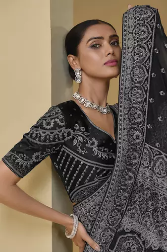Black embroidered mirror work organza silk blend saree