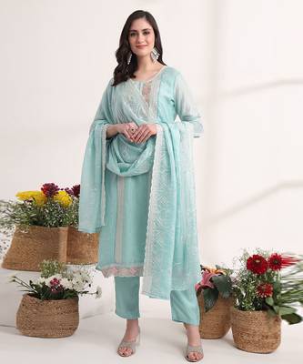 blue embroidery organza straight kurta dupatta set 1