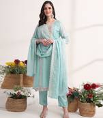 blue embroidery organza straight kurta dupatta set