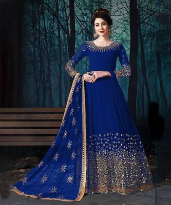 Ink Blue Georgette Mirror Work Embroidered Anarkali Suit 3