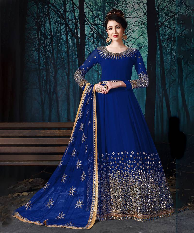 Ink Blue Georgette Mirror Work Embroidered Anarkali Suit